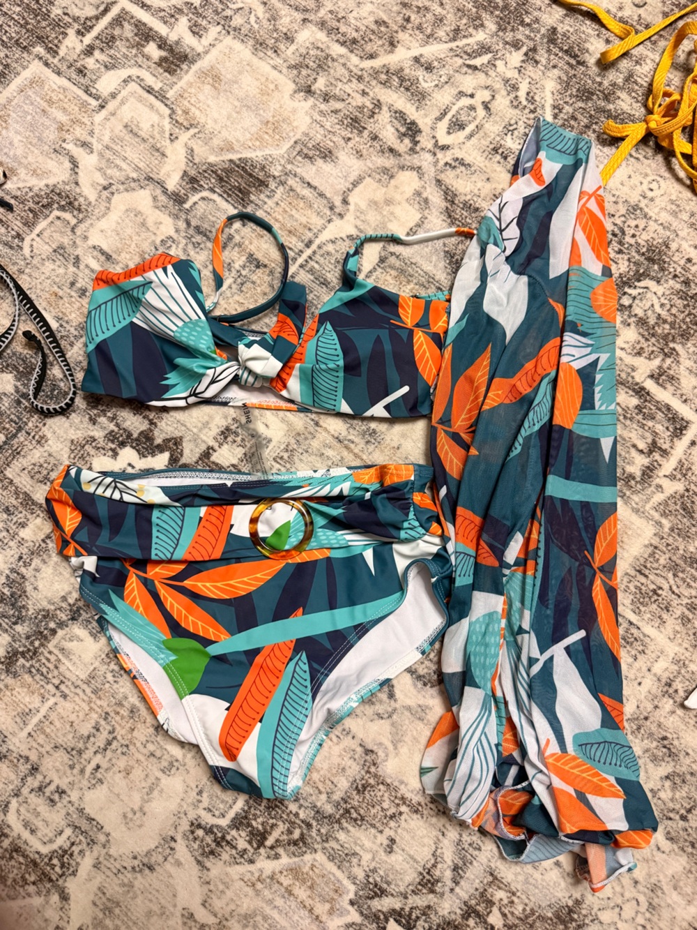 SHEIN Teal & Orange Tropical Leaf Bikini Bottom